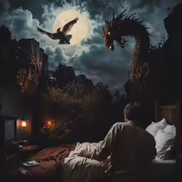 a man sitting on a bed looking at a dragon flying over a moonlit forest