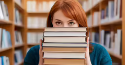 a young woman hiding her face behind books