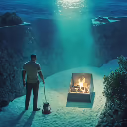 a man standing in front of a fire pit