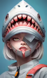 a woman with a large mask in her mouth
