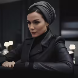 a woman is looking at the camera while wearing a black leather jacket