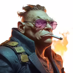 a man wearing purple glasses with his chin against a cigar