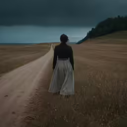 a woman walking on a dirt road