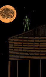 an old drawing of an martian standing on a roof