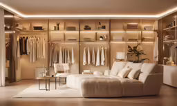 a room with shelves, a couch and lamps