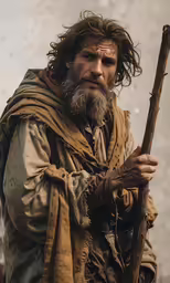 a man dressed in old - fashioned clothing holds a wooden stick