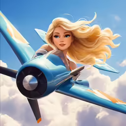 an animated painting of a blonde haired girl on top of a blue plane