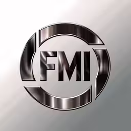 a metallic emblem with the words f m e,the logo for fm is pictured
