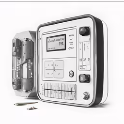 an old radio with buttons, and keys and a clock