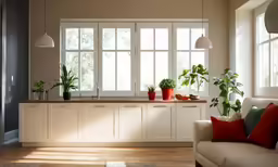 a living room with windows and couches in front