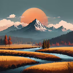there is a painting of a mountain scene with a river running through it,a landscape with mountains, clouds, and stream