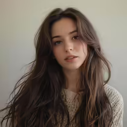 the girl with long brown hair is wearing a sweater