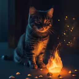 cat sitting on the floor next to a fire