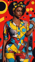 a painting of a woman standing in front of a colorful background,an african american woman in a geometrical suit