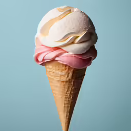 the pink and white ice cream is in an icecream cone