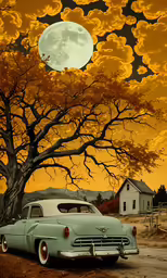 an old fashioned car and tree near an old house