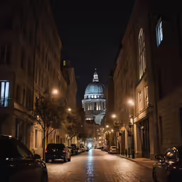 an empty street at night with the dome in the distance
