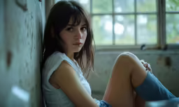 a woman with dark hair sits next to a window