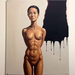 this painting is part of an exhibition of female sculptures,an art work featuring a naked woman in a bare, black and red body
