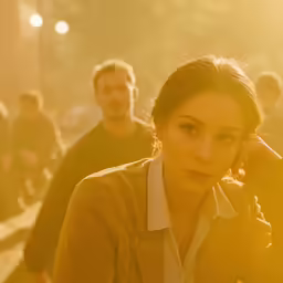a woman is sitting down with other people around her
