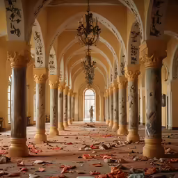 a room with multiple columns, with shattered petals on the floor
