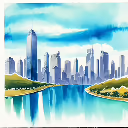 watercolor painting of city skyline with lake