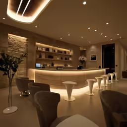 the interior of a luxurious bar with marble counter tops and low lighting