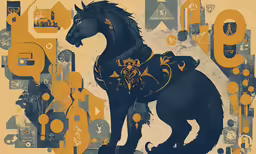 black horse dressed in armor on yellow and blue background