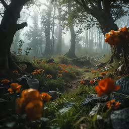 the colorful orange flowers are blooming in the forest