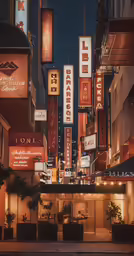 night view of signs of buildings and buildings