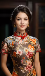 a beautiful young woman standing in front of a wooden door