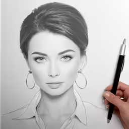 a woman is shown with a pen as she poses in front of a drawing