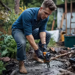 a man kneels down and works on a small device