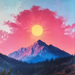 a painting of the setting sun on a snowy mountain with pine trees