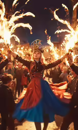 a young woman wearing a tiara standing on fire