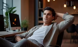 a man with a white shirt sitting at a table next to two computer monitors