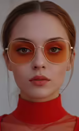 the woman is wearing glasses and wearing an orange dress