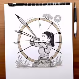 an image of a girl holding an arrow and a bow,a girl is aiming a bow, while wearing samurai clothes and holding a bow,a drawing of a woman playing archery holding two arrows,a drawing of a woman holding an arrow on top of a paper,a girl aiming with three arrows in the bulls eye