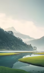 a small body of water surrounded by lush green countryside