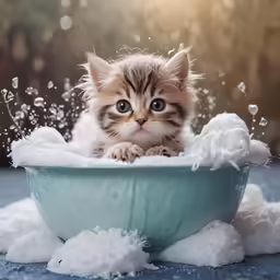 a cat sprinkled with foam in a blue bowl