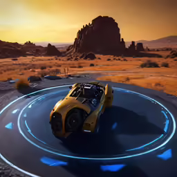 yellow car on a round surface in a desert