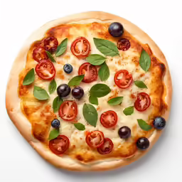 an artisan pizza is decorated with fresh tomatoes, blueberries and basil
