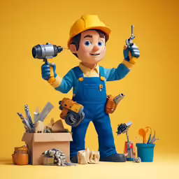 a man in overalls and an electric tool holds a wrench