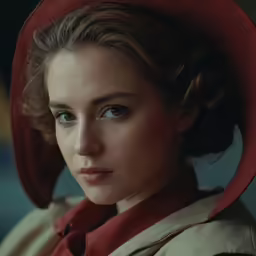 a woman in a red hat is looking ahead