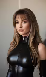 a woman in black leather catsuit posing