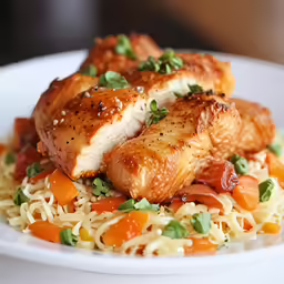 a plate filled with rice and chicken topped with carrots