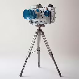 an old fashioned film camera is on a tripod