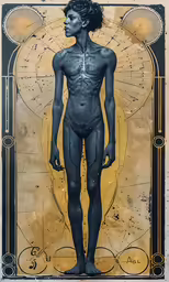 a drawing of a naked male standing in front of a golden background