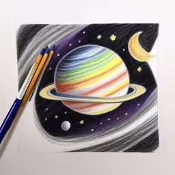 a picture with colored pencils and pens of an earth,a drawing of saturn with the moon and earth in it,a drawing with a pen and a ball,a picture of a planet drawn on colored paper,drawing of the planet saturn in pencil