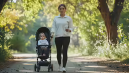 a woman and baby walking down a trail near some trees